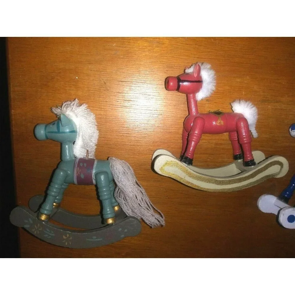 Vintage Wooden Rocking Horses Handcrafted Miniature w/ Yarn Mane Set of 4 RARE